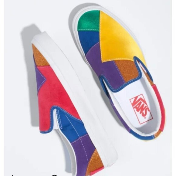 NEW Vans | Classic Slip-On Pride‎ Patchwork/True White Sz M5.5/W7 - Picture 1 of 8